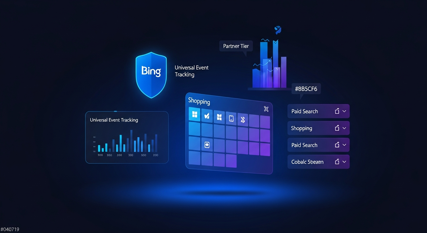 Microsoft Advertising certification dashboard with certified-badge panel and Bing search results