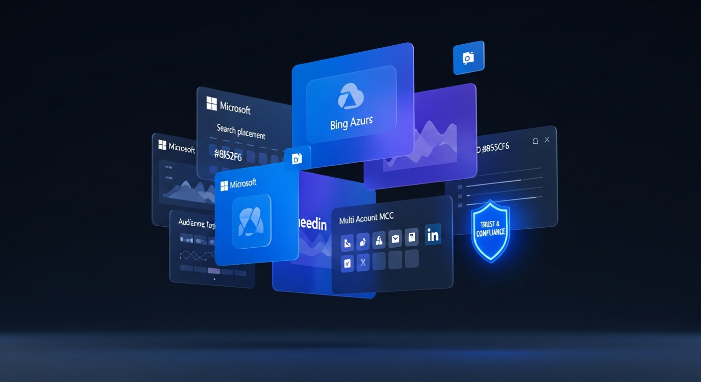 Microsoft Ads (Bing Ads) account purchase dashboard with cost-per-click savings illustration