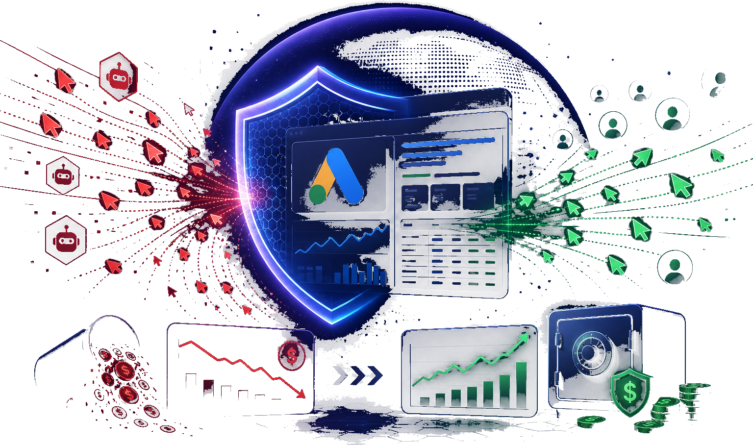Click fraud protection shielding a Google Ads dashboard, blocking fake bot clicks while real users pass through